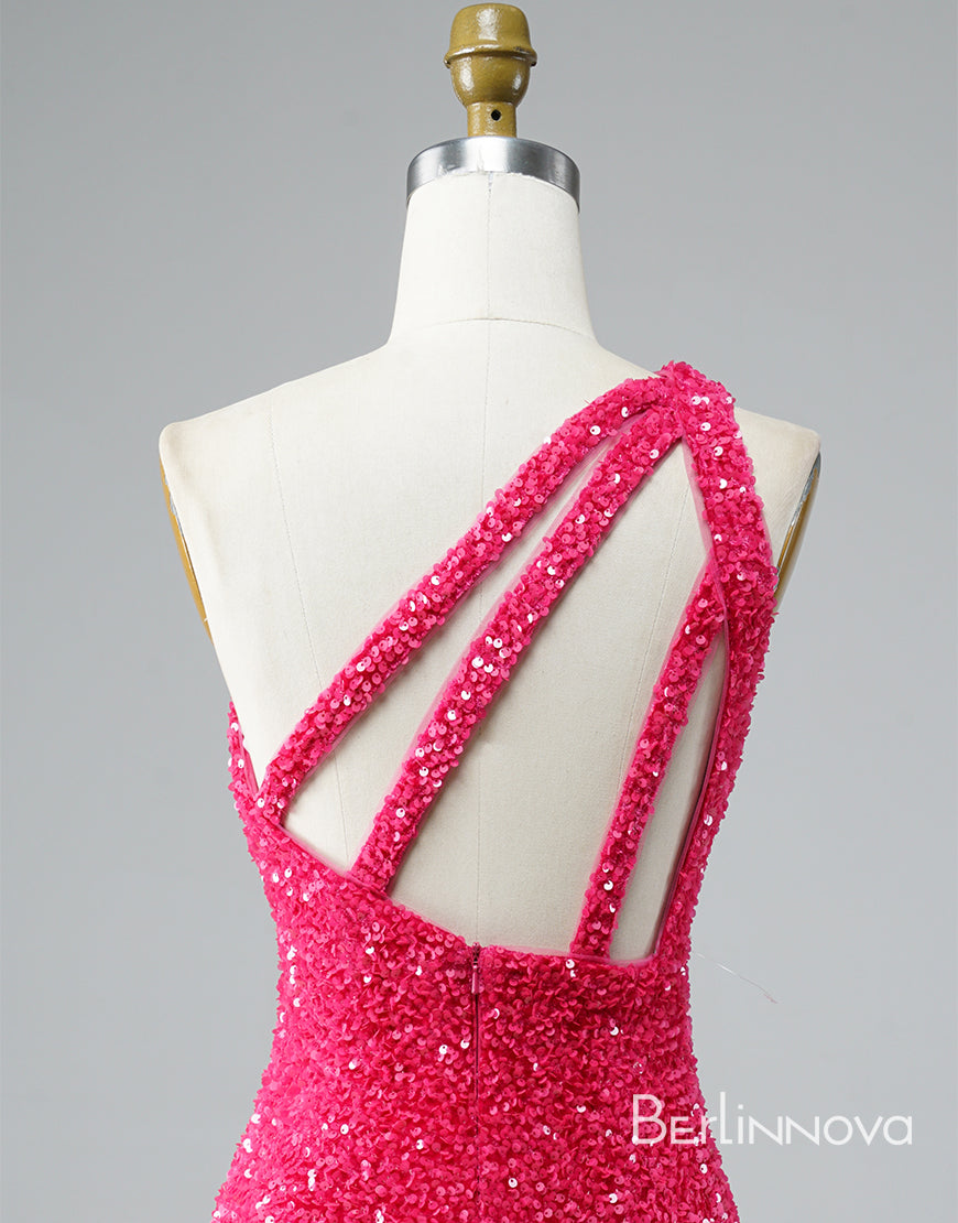 Glitter One-Shoulder Hot Pink Homecoming Dress With Sequins