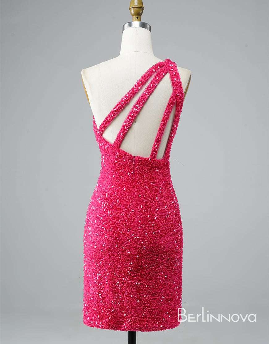 Glitter One-Shoulder Hot Pink Homecoming Dress With Sequins