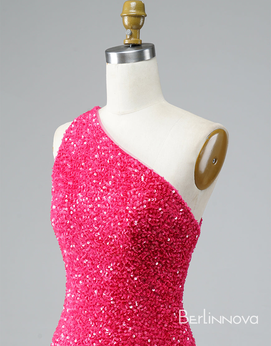 Glitter One-Shoulder Hot Pink Homecoming Dress With Sequins