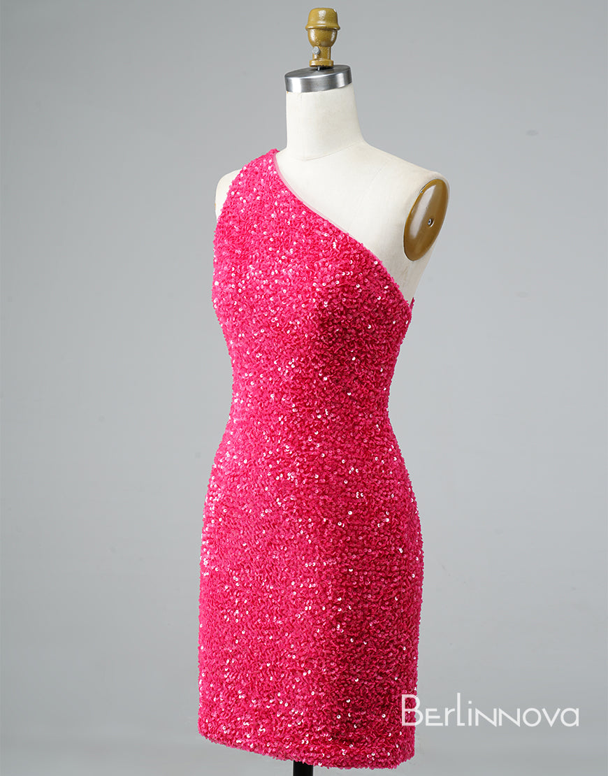 Glitter One-Shoulder Hot Pink Homecoming Dress With Sequins