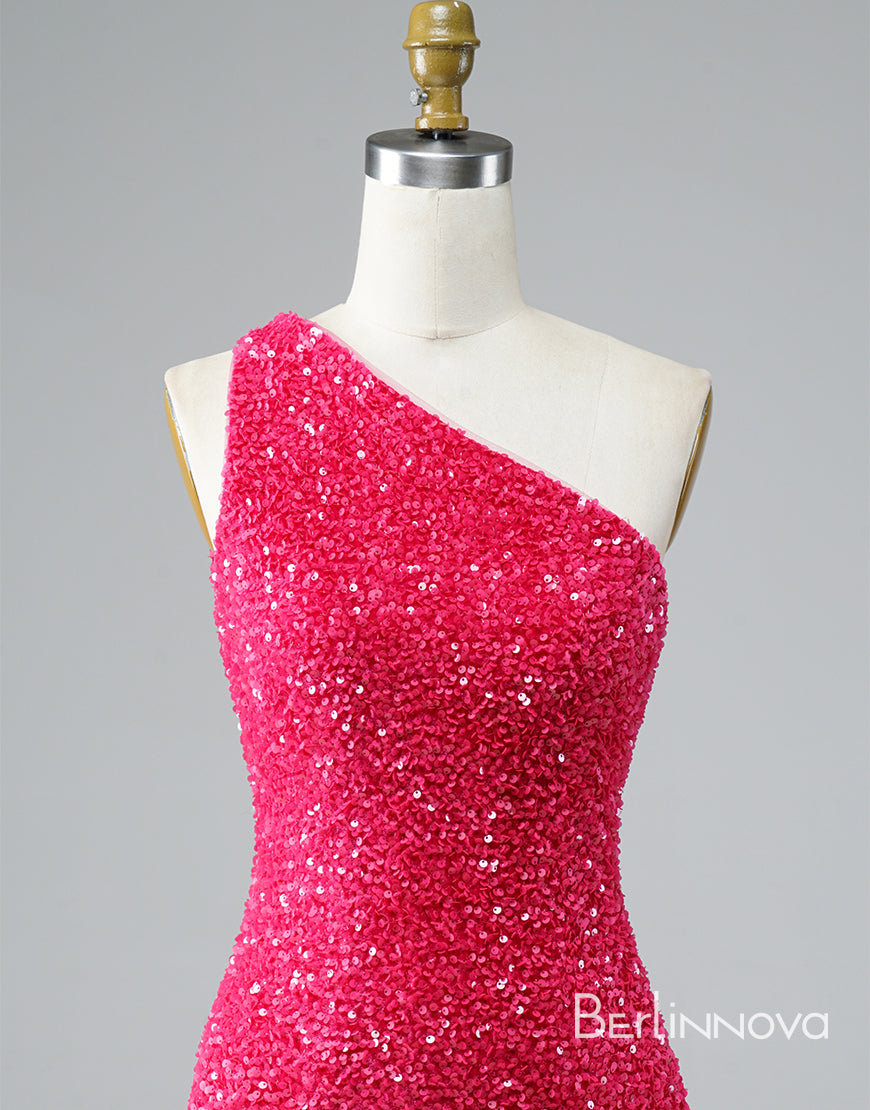 Glitter One-Shoulder Hot Pink Homecoming Dress With Sequins