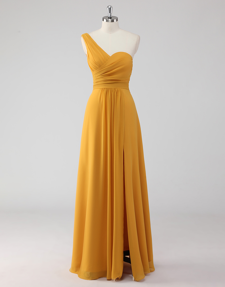 Yellow One Shoulder A-Line Chiffon Long Formal Dress with Slit