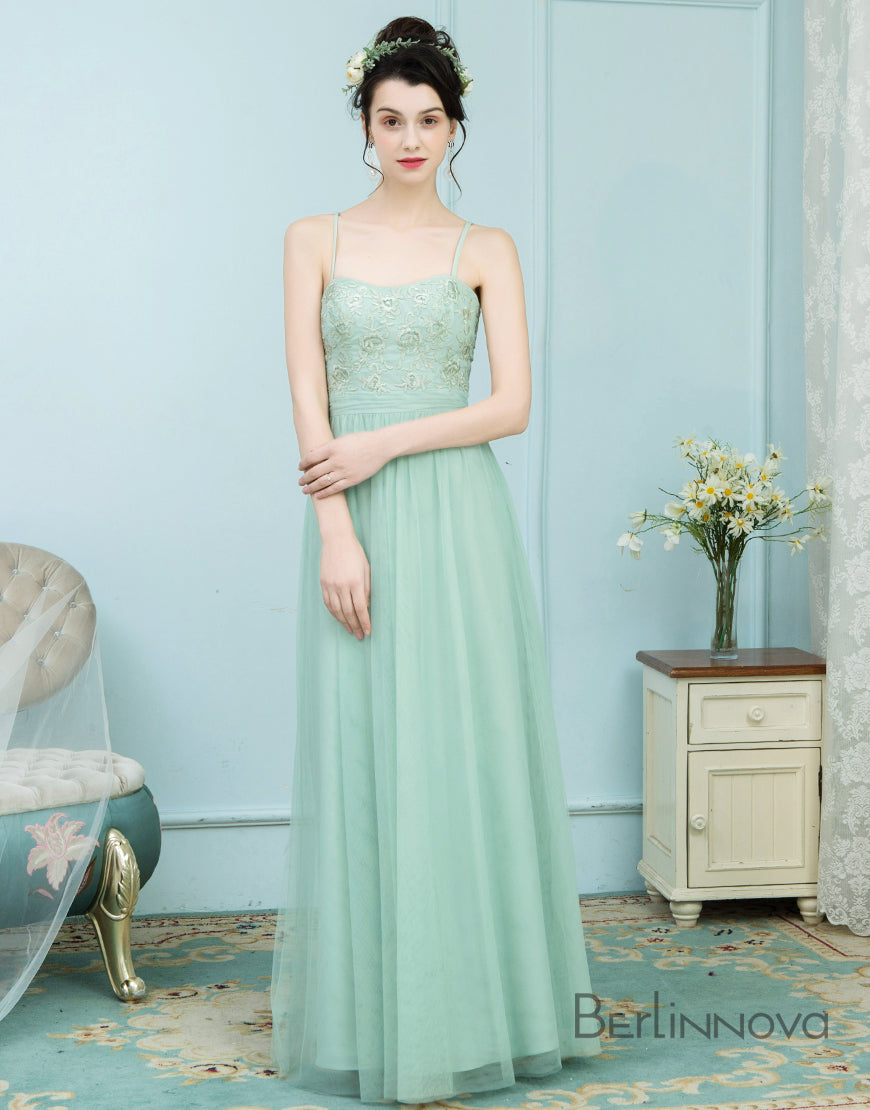A-Line Spaghetti Straps Mint Green Tulle Bridesmaid Dress with Lace