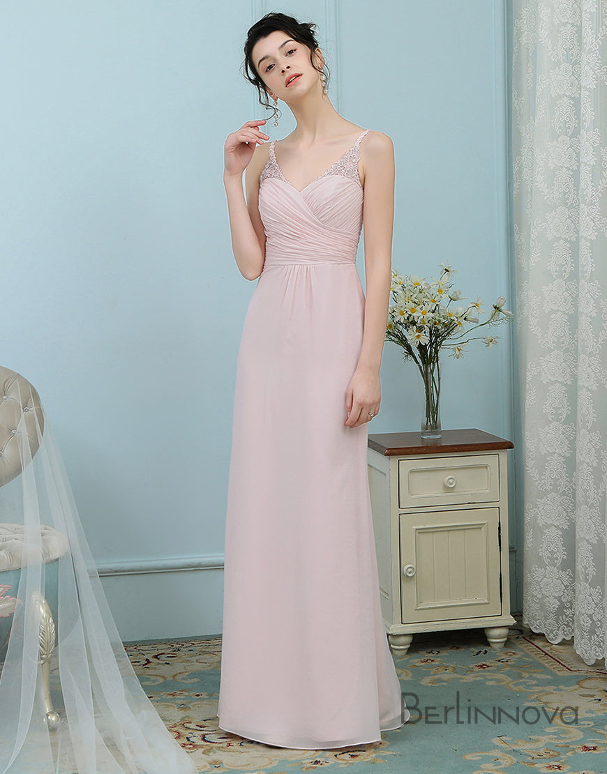 A-Line Straps Ice Pink Ruched Chiffon Appliques Bridesmaid Dress