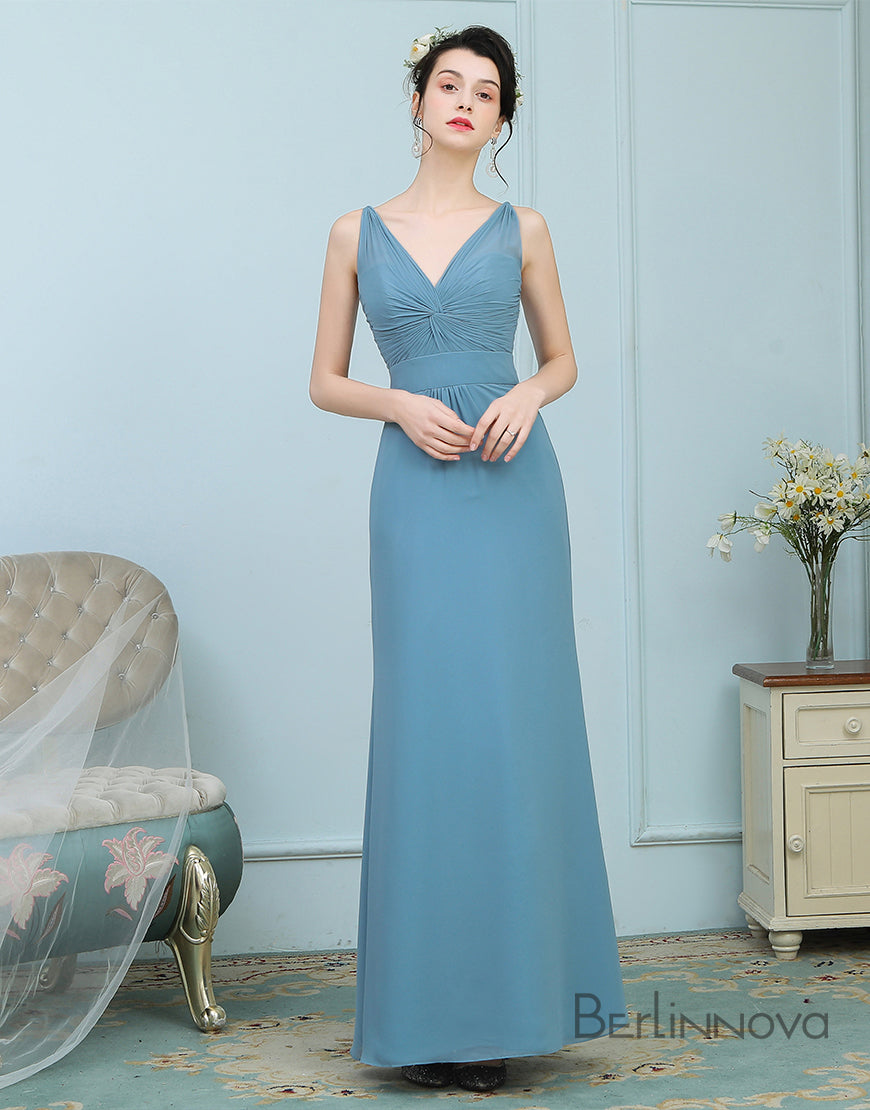 A-Line V-Neck Ruched Dusty Blue Chiffon Bridesmaid Dress