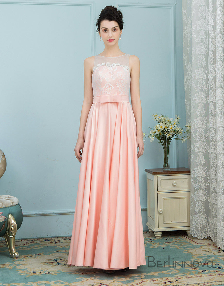 Stylish Jewel Sleeveless Pink Long Bridesmaid Dress with Sash