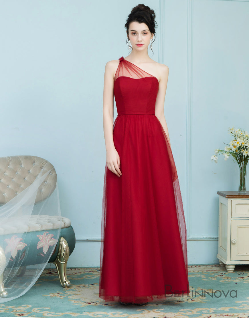 A-Line One Shoulder Floor Length Red Tulle Bridesmaid Dress