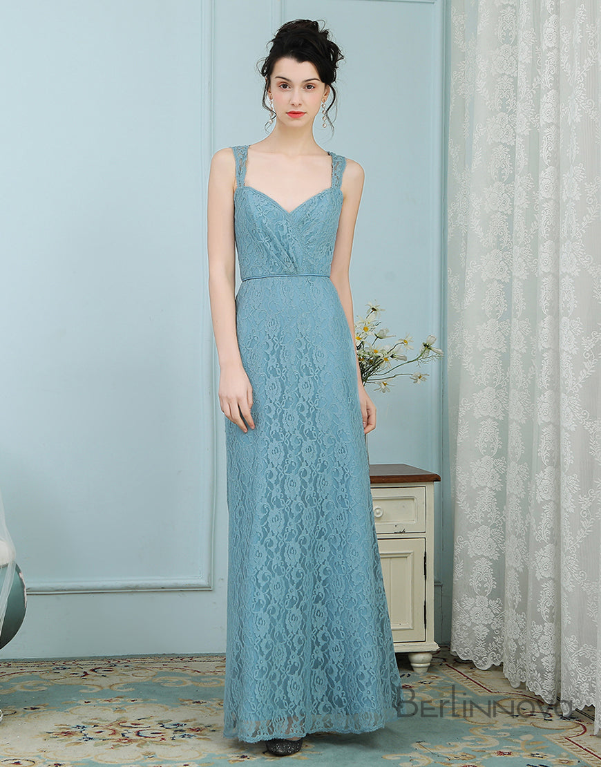 A-Line V-Neck Floor Length Blue Lace Bridesmaid Dress