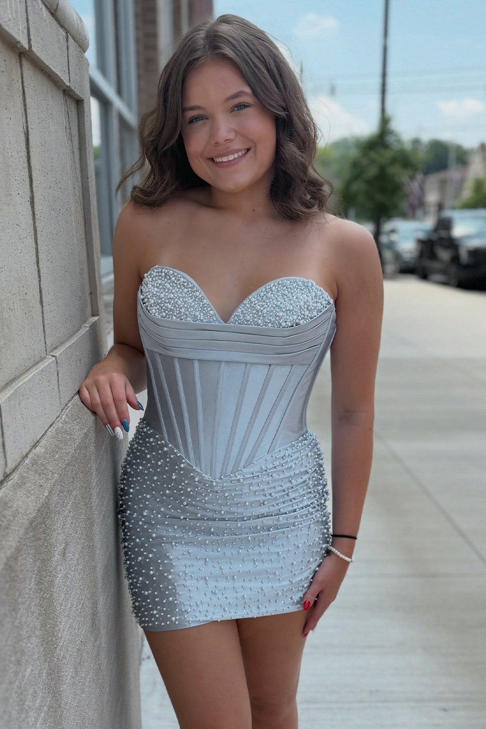 Sparkly Yellow Tight Short Strapless Corset Homecoming Dress with Pearls