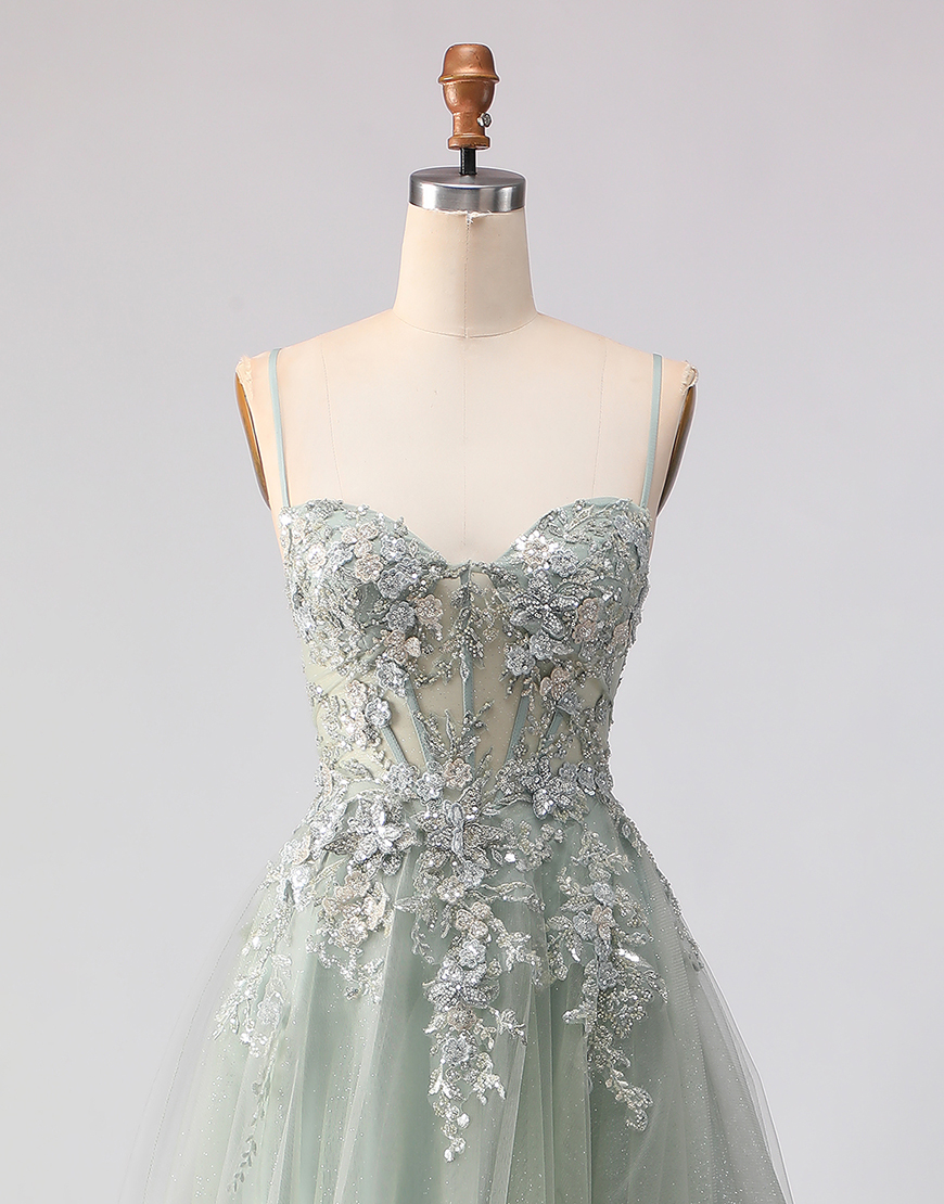 Sparkly Peach Floral A Line Tulle Long Corset Prom Dress with Beading