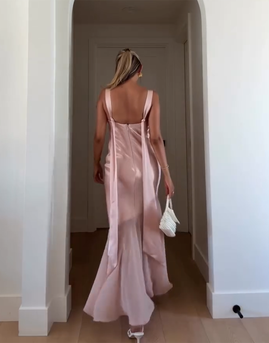Pink Sheath Square Satin Neck Backless Maxi Dress