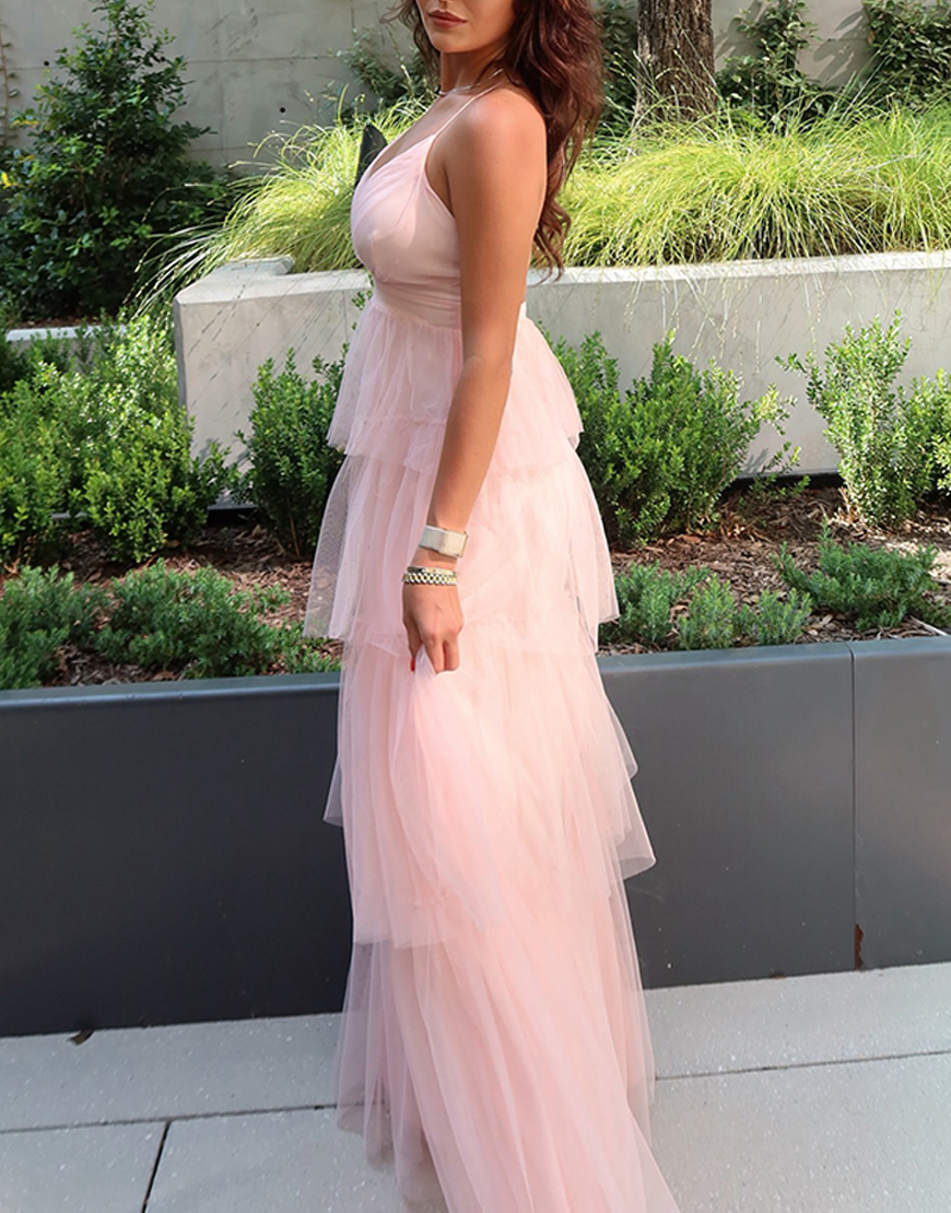 Blush A Line Tulle Halter Tiered Maxi Dress with Ruffles