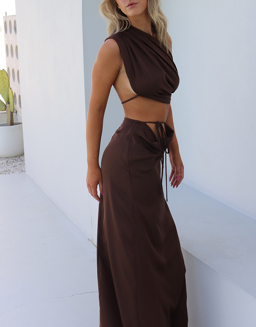 Brown Sheath 2 Piece One Shoulder Maxi Dress
