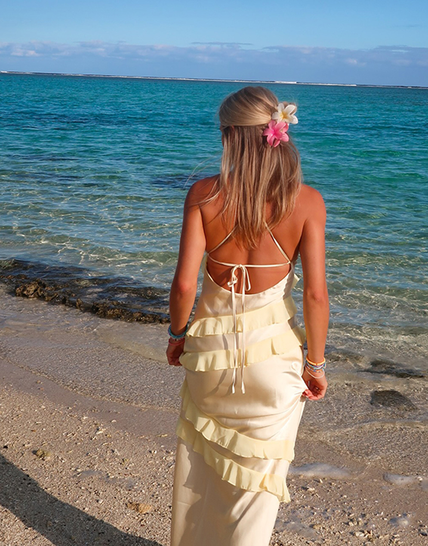 Yellow Spaghetti Straps Sheath Maxi Dress with Ruffles