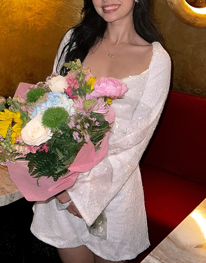 Sparkly White A Line Square Neck Mini Dress with Sleeves