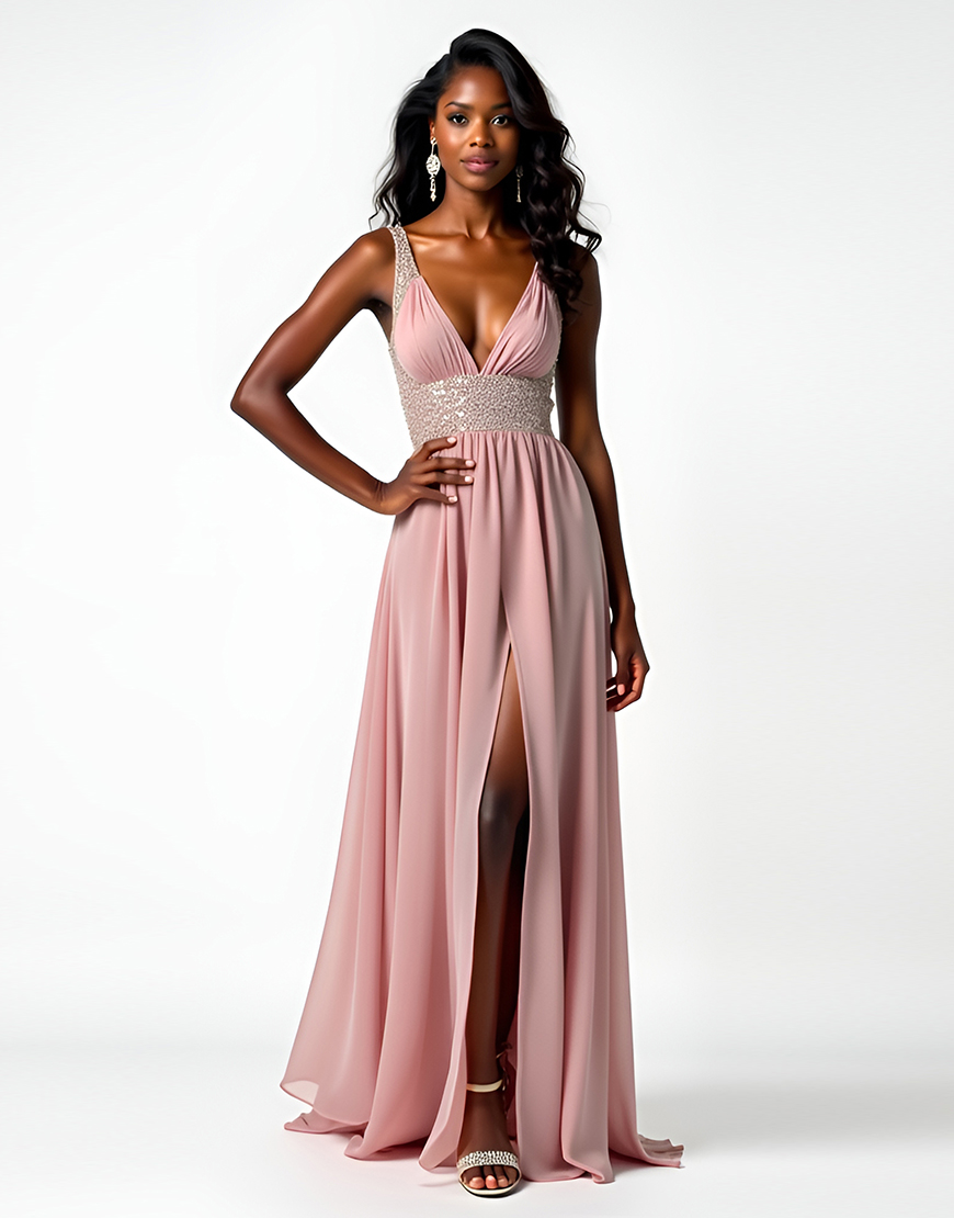 Sparkly Blush A Line Beaded Long Chiffon Wedding Guest Dress with Slit