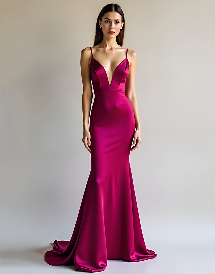 Sheath Spaghetti Straps Fuchsia Satin Long Prom Dress