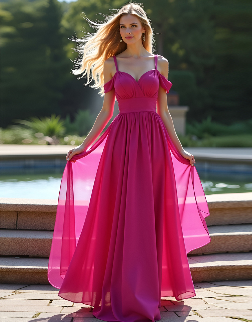 Fuchsia Cold Shoulder A Line Ruched Long Prom Dress