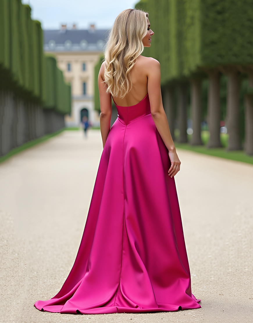 Fuchsia A Line Strapless Beaded Long Satin Prom Dress with Slit