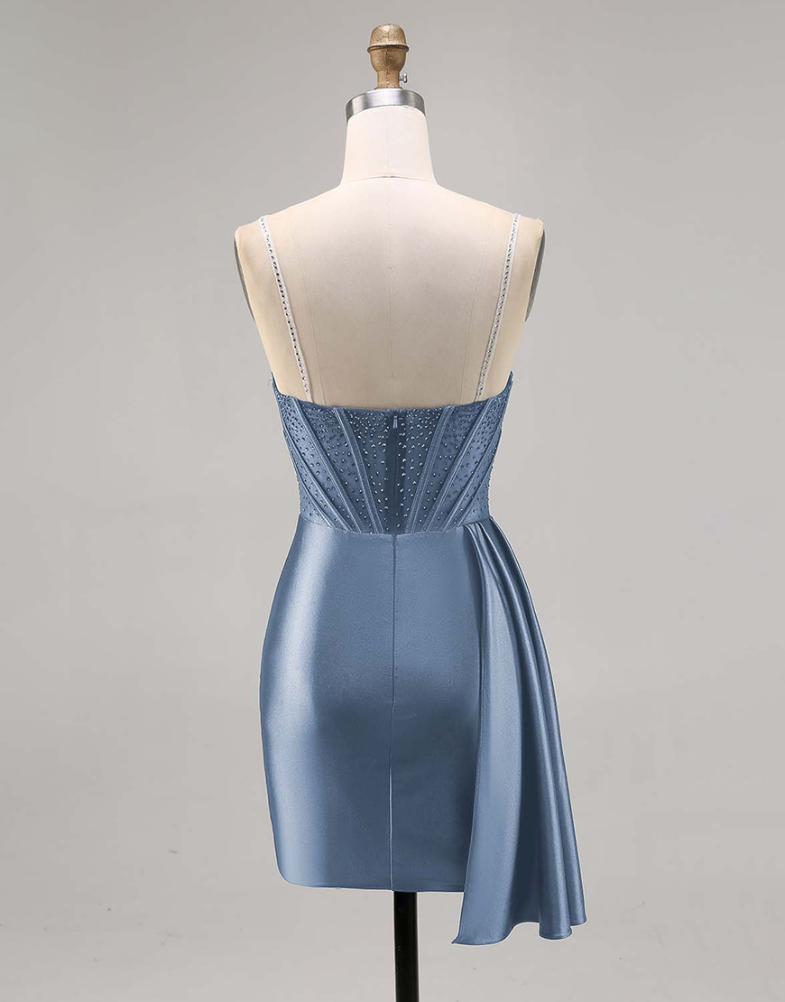 Sparkly Navy Satin Ruffled Short Corset Homecoming Dress with Beading