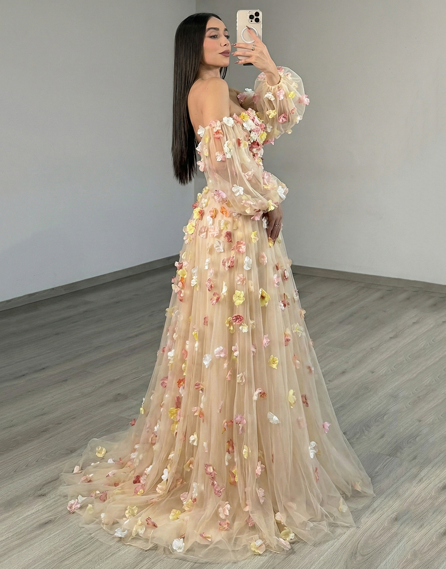 Champagne Tulle Floral A Line Long Prom Dress with Sleeves
