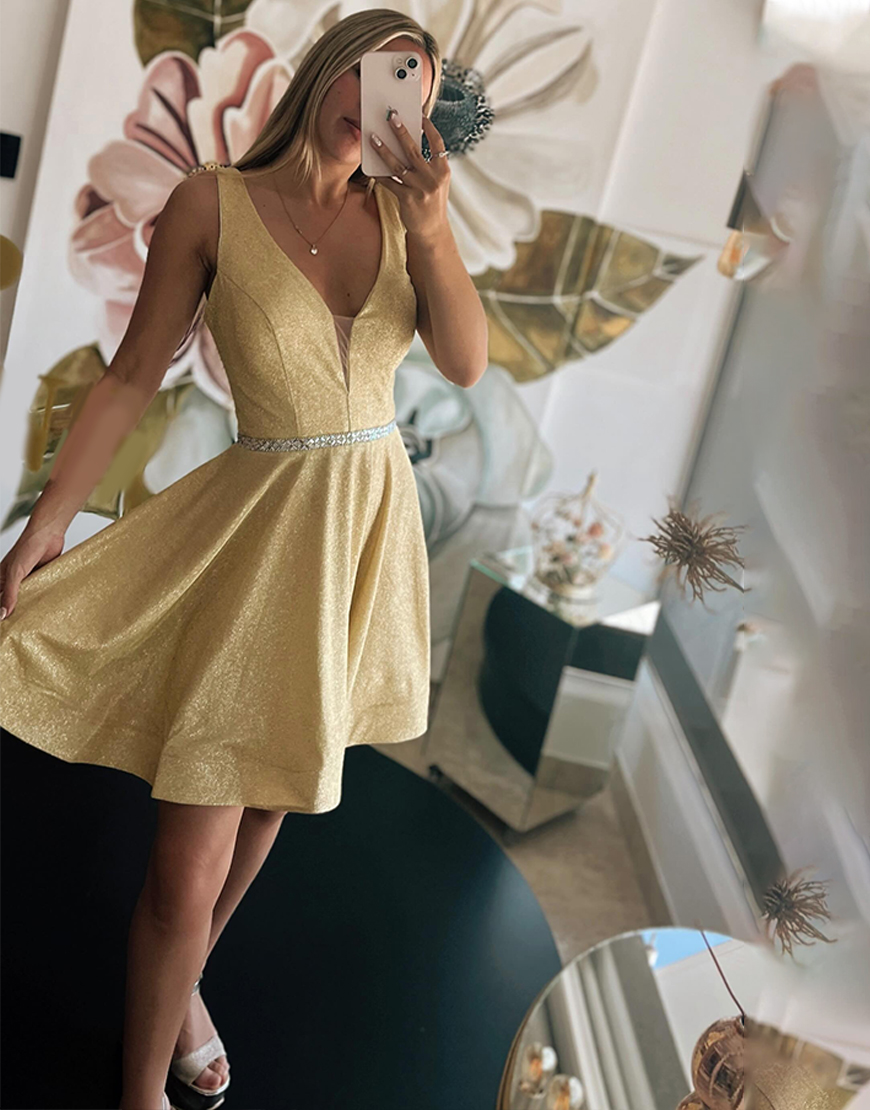 Sparkly Navy A Line V-Neck Short Homecoming Dress