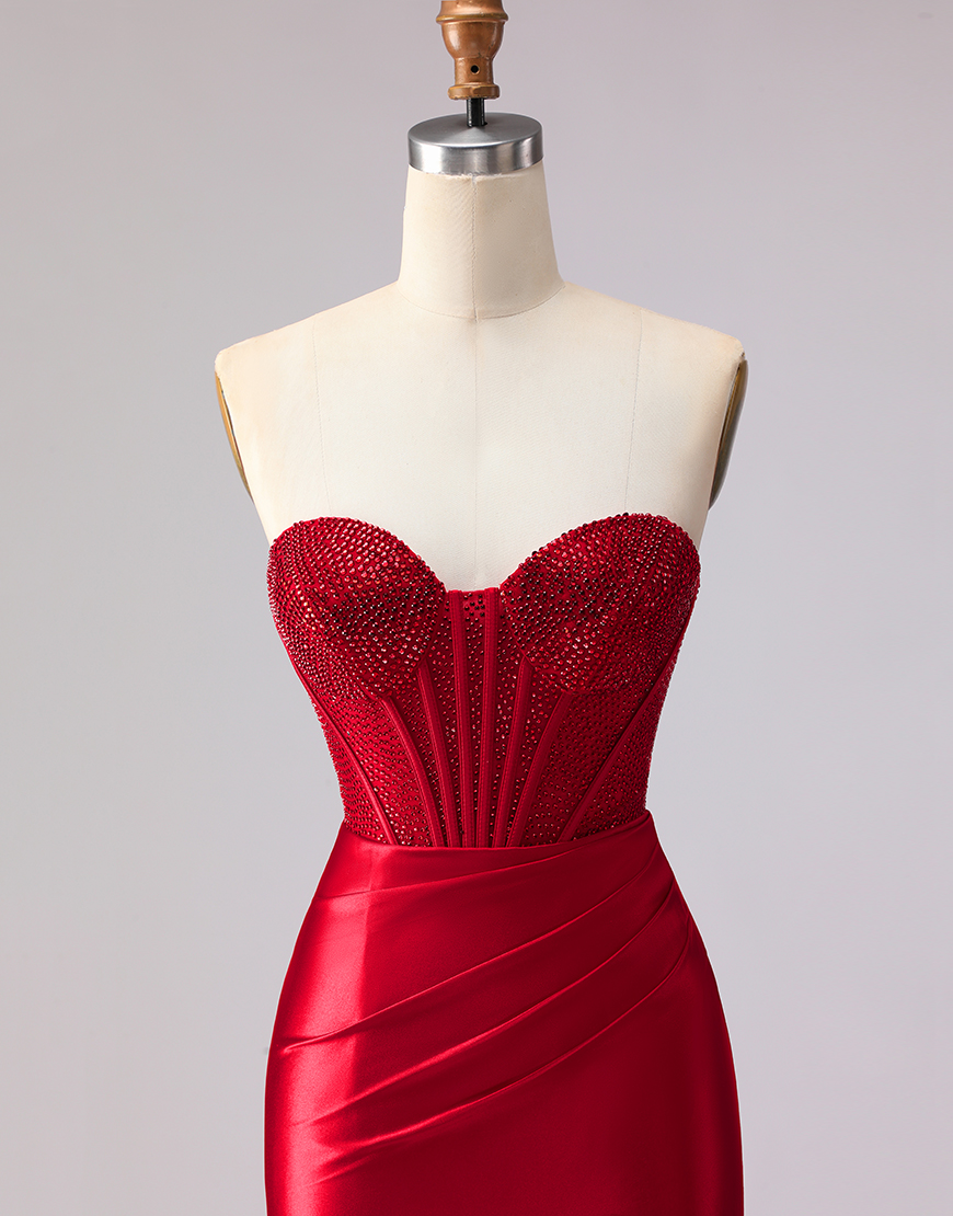 Sparkly Red Mermaid Satin Corset Ruffled Sweetheart Long Prom Dress with Slit