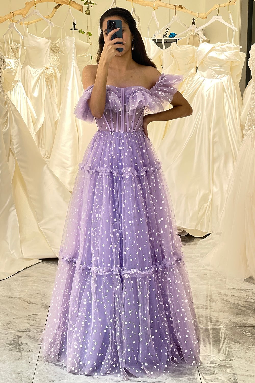 Lilac Polka Dot Tulle A Line Off the Shoulder Lace Up Long Prom Dress