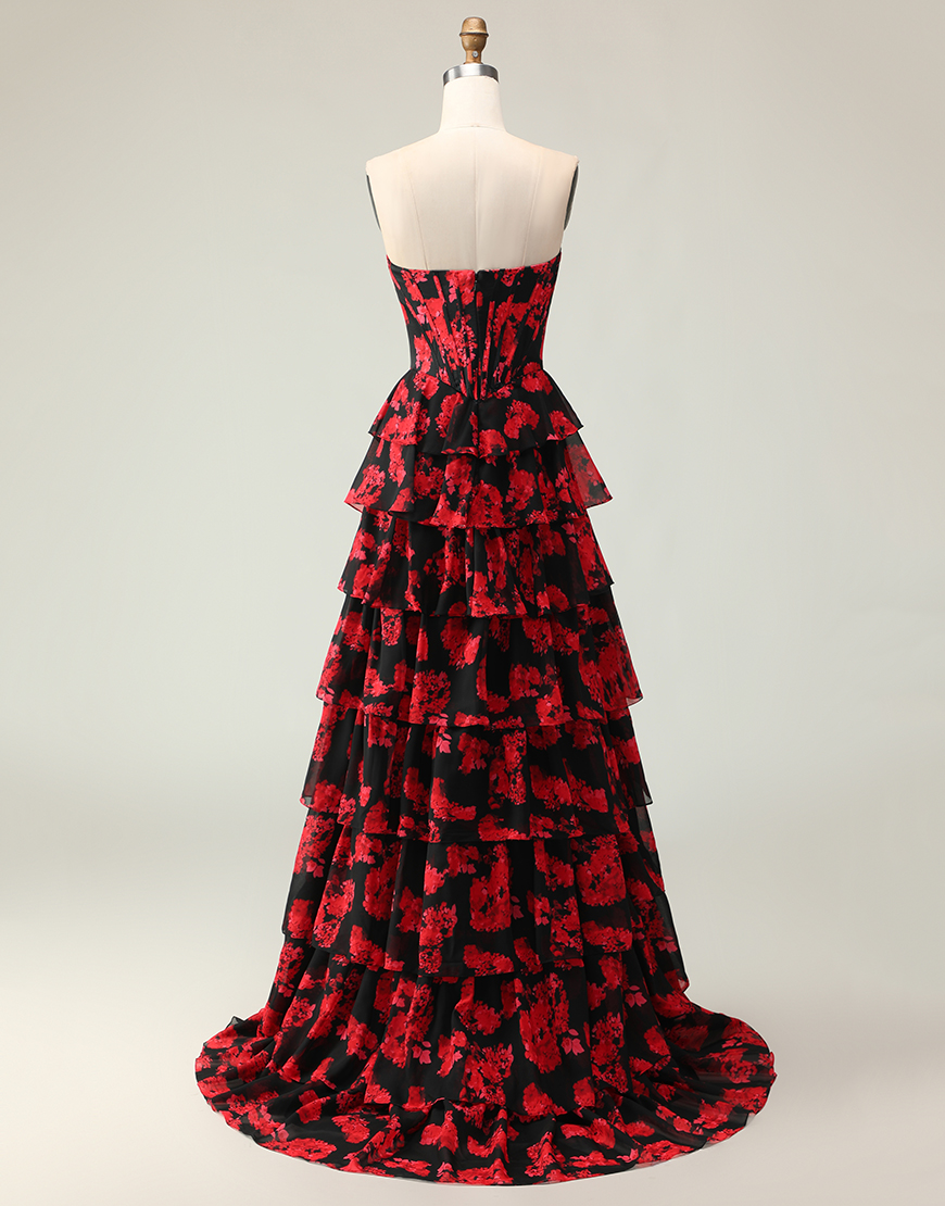 Black and Red Floral Strapless Corset Ruffled Long Prom Dress with Slit