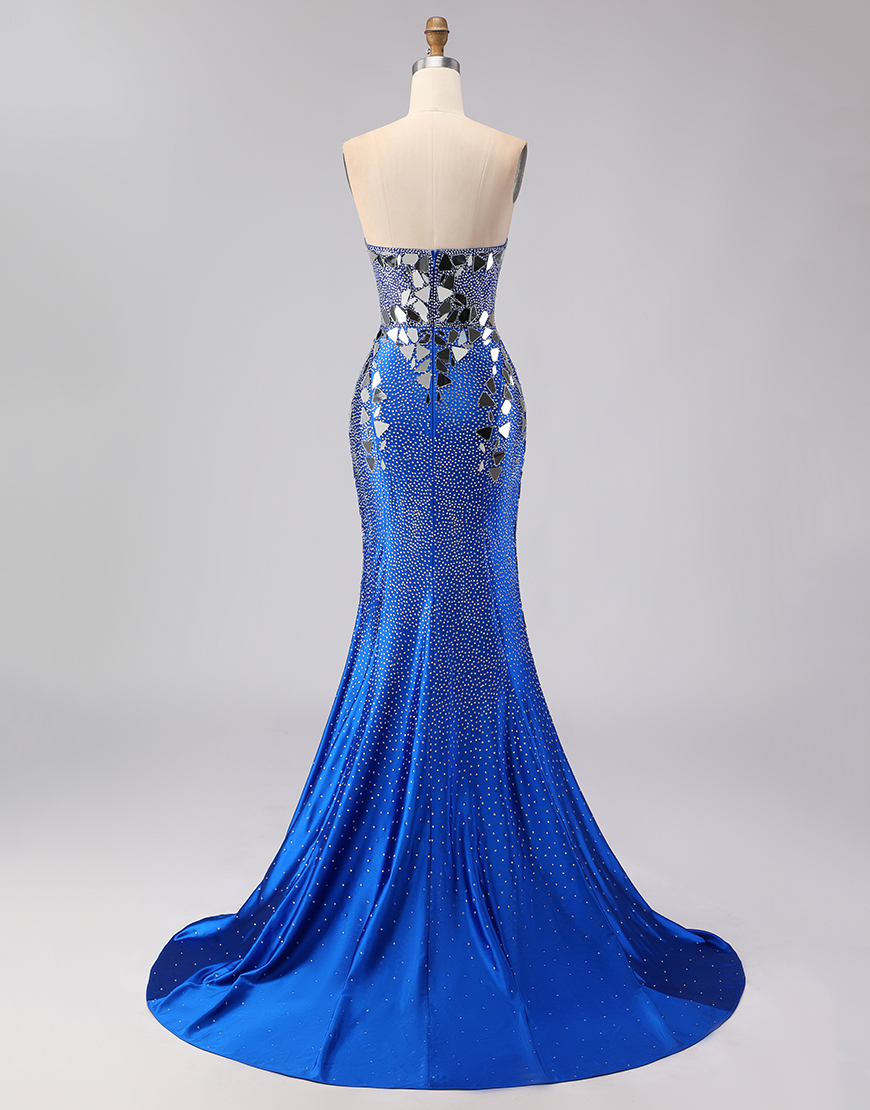 Sparkly Royal Blue Beaded Sweetheart Mirror Long Prom Dress with Slit