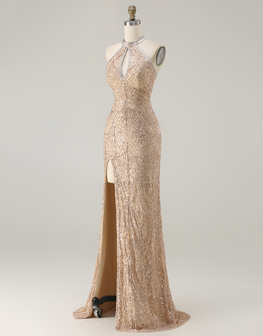 Sparkly Black Halter Neck Mermaid Sequins Long Prom Dress with Slit