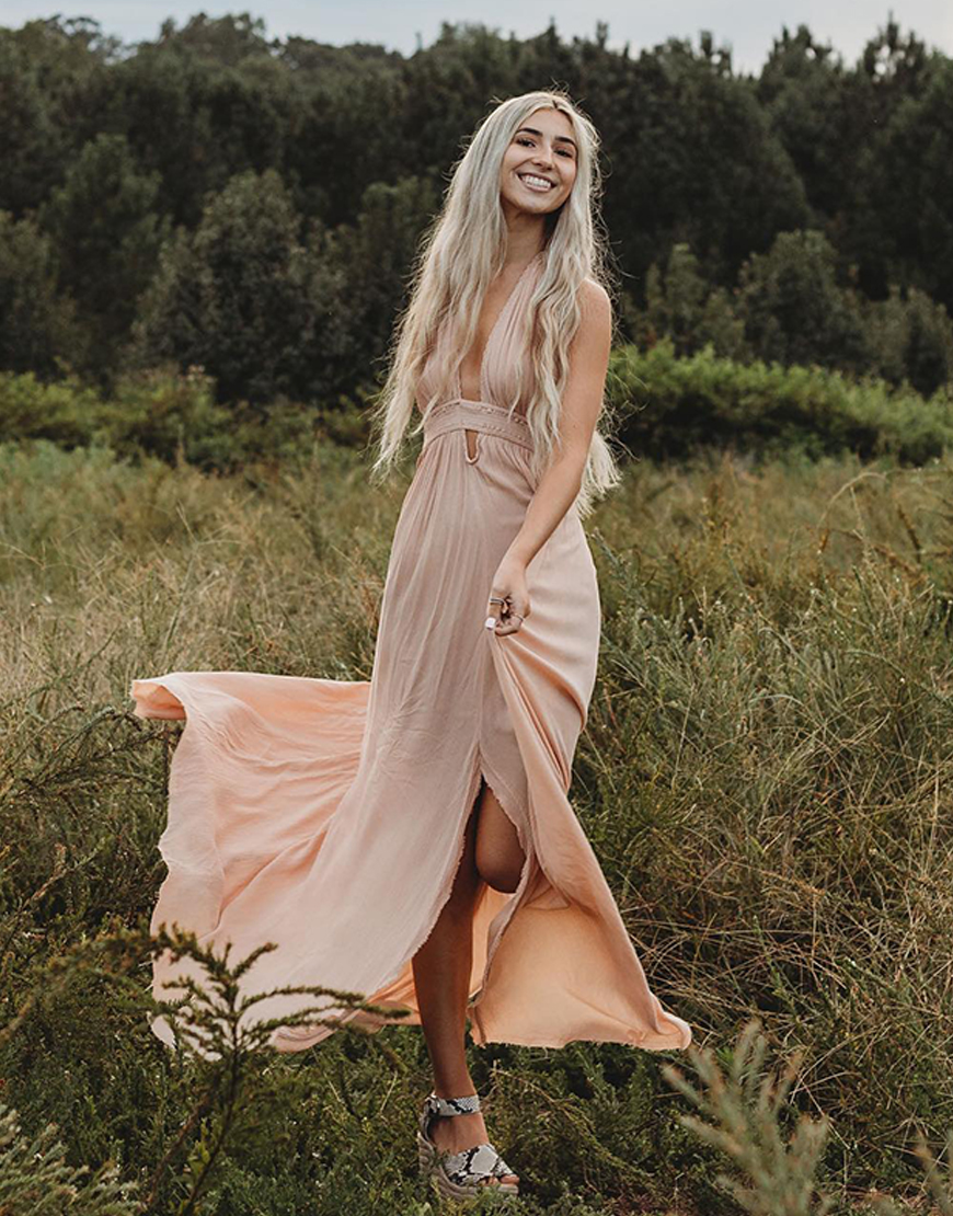 Light Pink Sheath Halter Maxi Dress with Slit