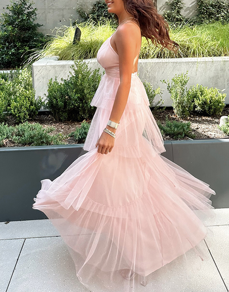Blush A Line Tulle Halter Tiered Maxi Dress with Ruffles