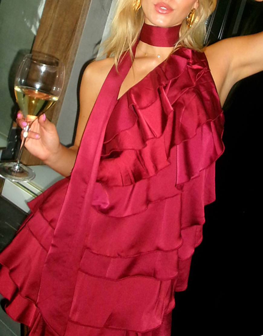 Burgundy One Shoulder Bodycon Neck Scarf Mini Dress with Ruffles