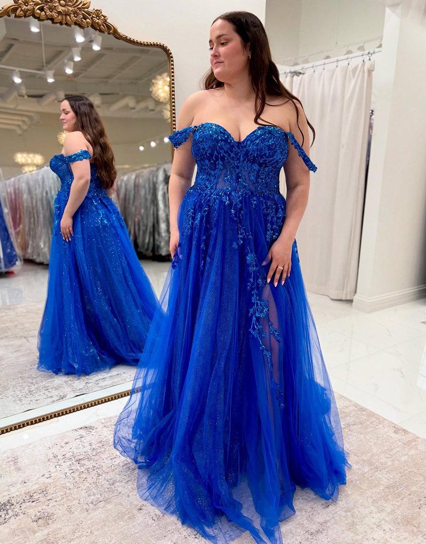 Royal Blue A-line Off The Shoulder Prom Dress With Appliques