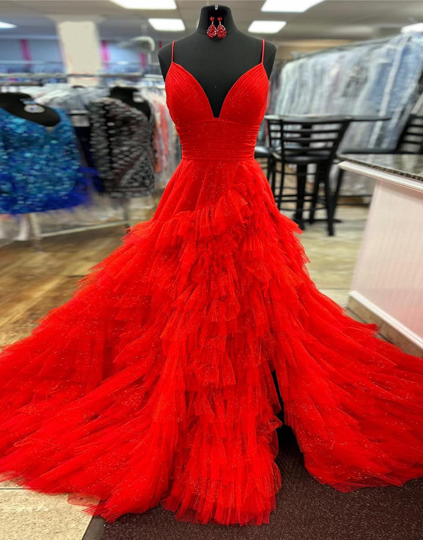 A-Line V-Neck Spaghetti Straps Long Tiered Tulle Prom Dress