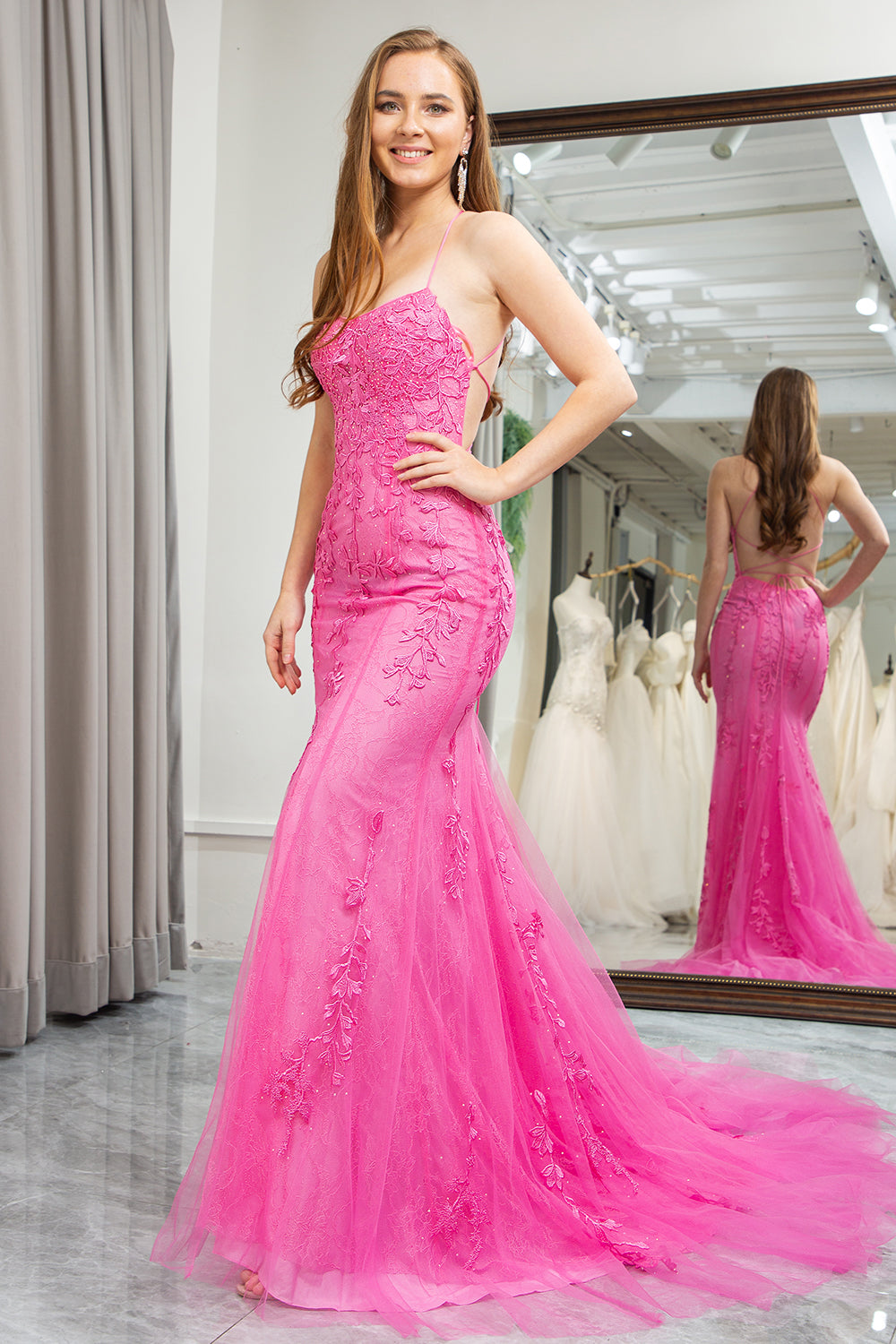 Fuchsia Mermaid Spaghetti Straps Lace Up Long Prom Dress With Appliques