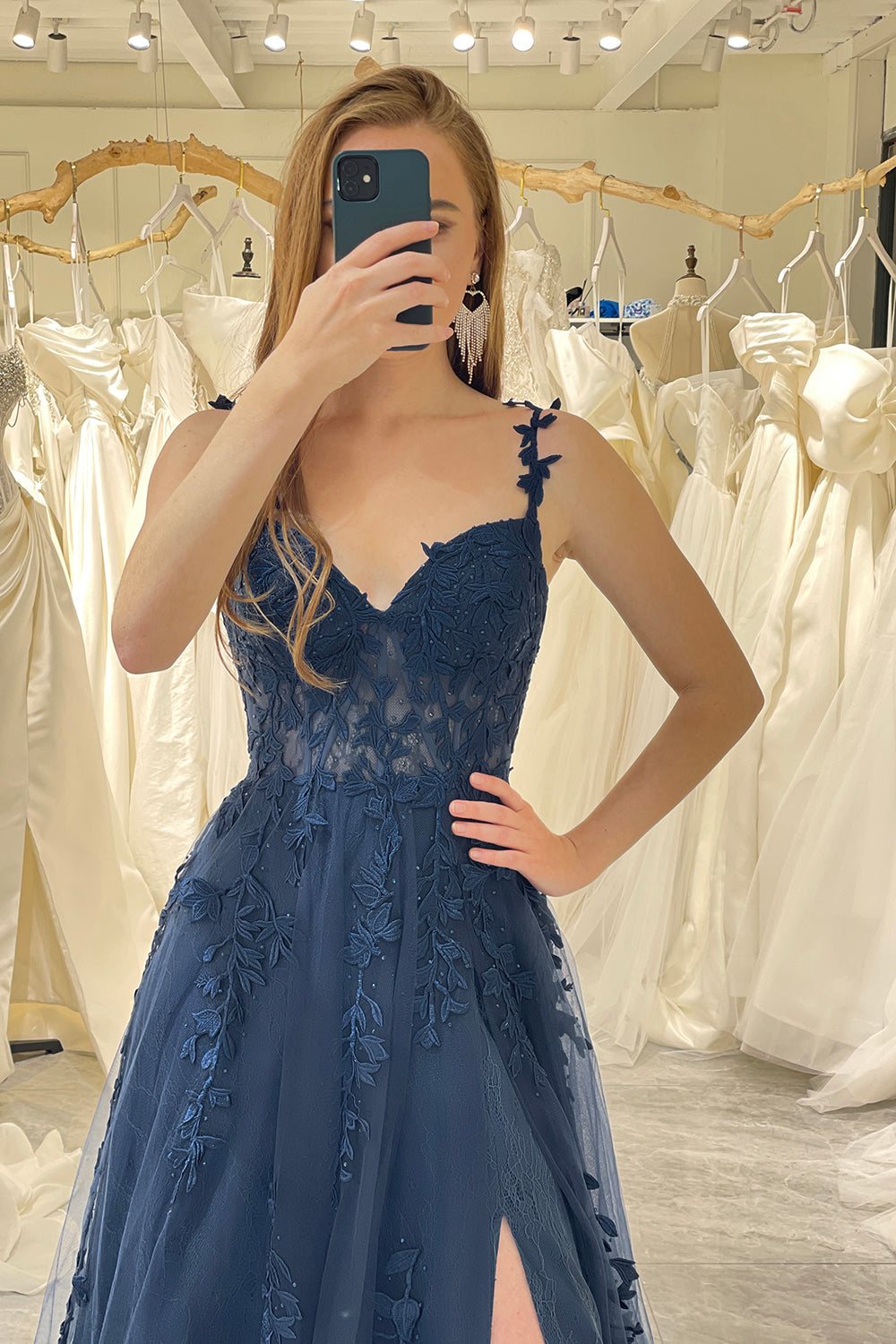 A-Line Spaghetti Straps Sweep Train Prom Dress With Appliques