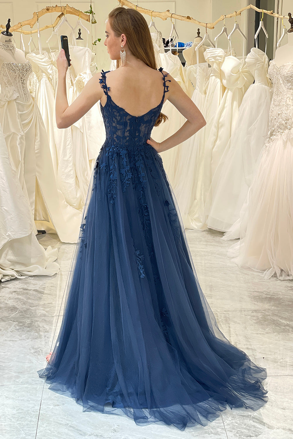 A-Line Spaghetti Straps Sweep Train Prom Dress With Appliques