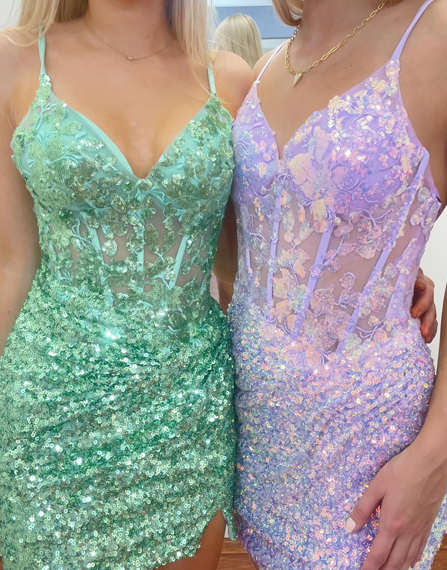 Pretty Lilac Spaghetti Straps Sequins Tight Homecoming Dress