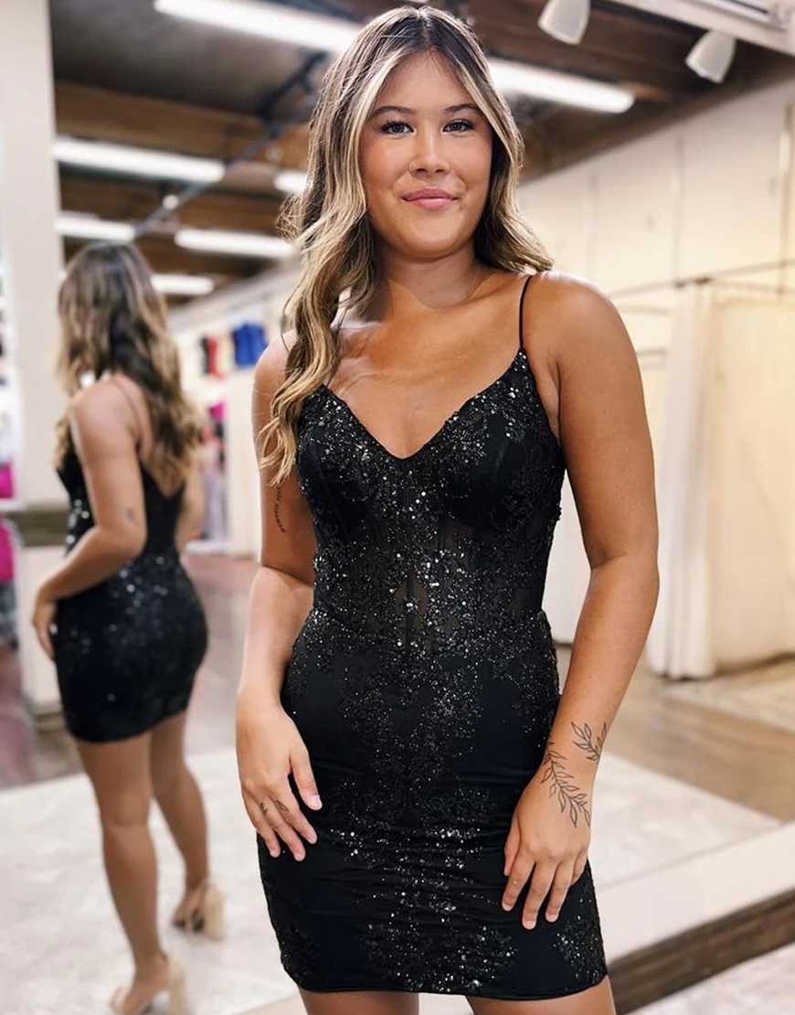 Sparkly Black Spaghetti Straps Tight Corset Short Prom Dress