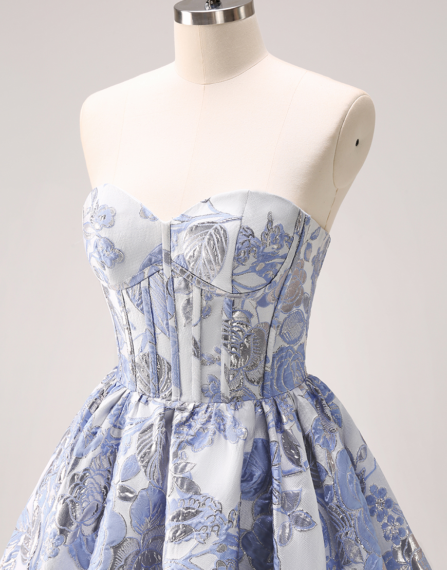 Blue A-Line Sweetheart Floral Ruffle Homecoming Dress