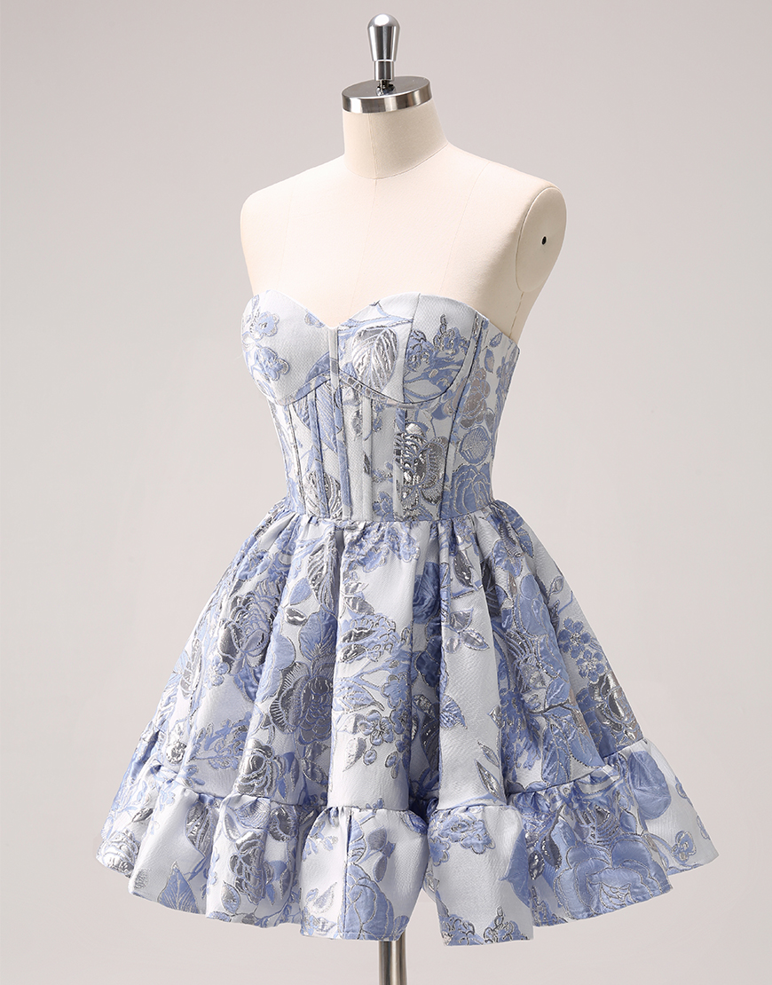 Blue A-Line Flowers Strapless Ruffled Homecoming Dress