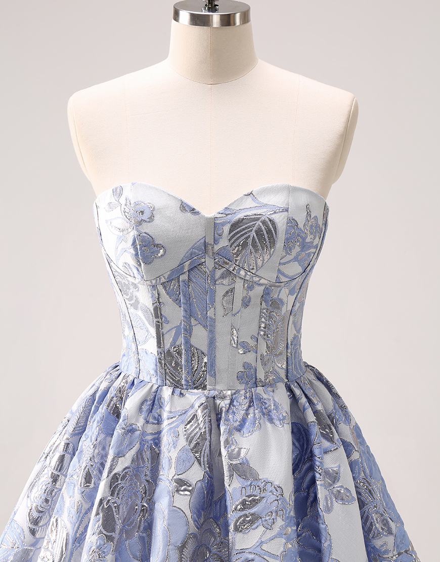 Blue A-Line Sweetheart Floral Ruffle Homecoming Dress