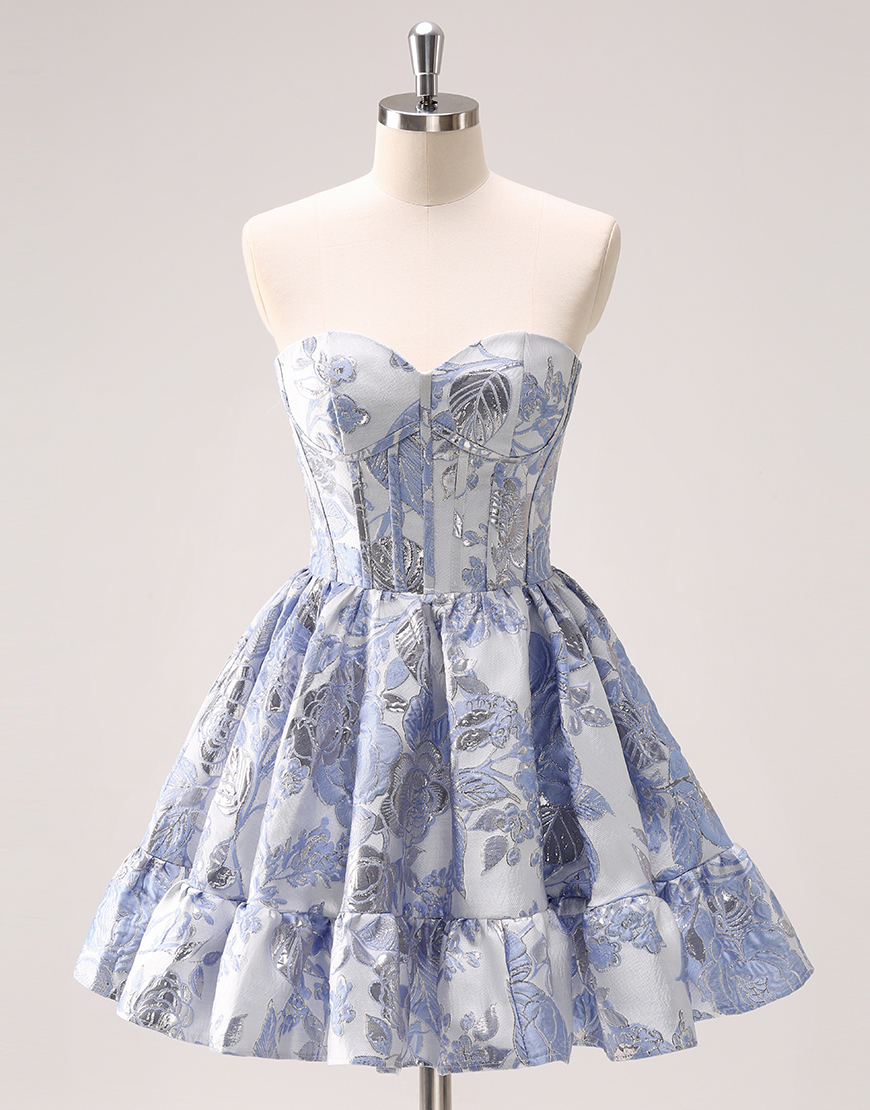Blue A-Line Sweetheart Flowers Homecoming Dress
