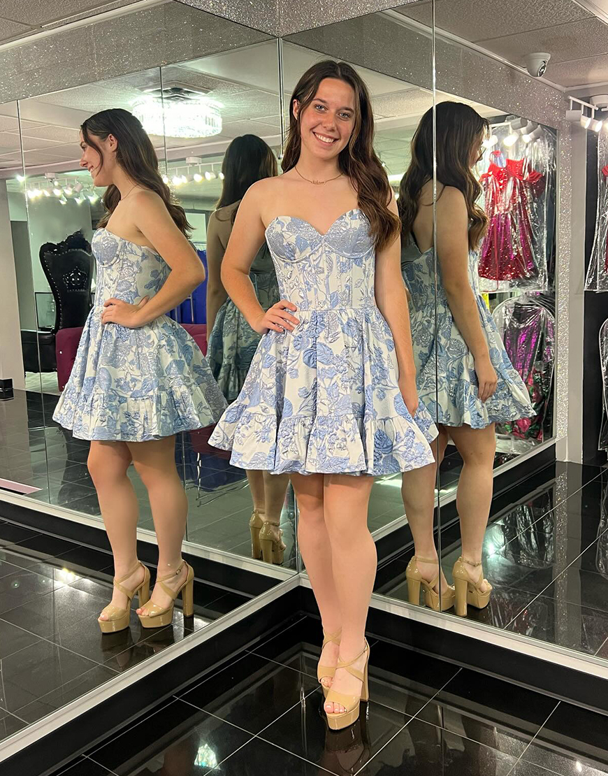Blue A-Line Strapless Floral Homecoming Dress