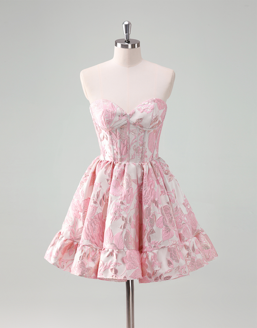 Pink A-Line Sweetheart Floral Ruffle Homecoming Dress