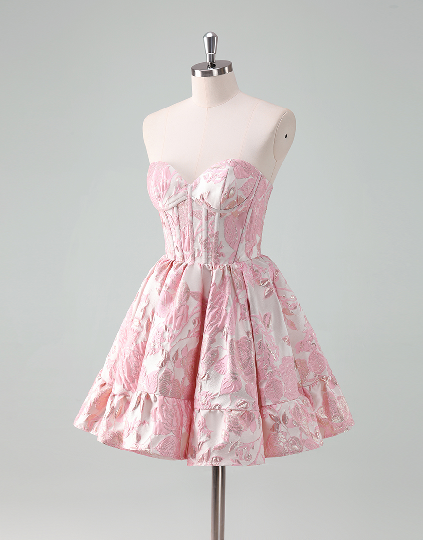 Pink A-Line Sweetheart Floral Ruffle Homecoming Dress