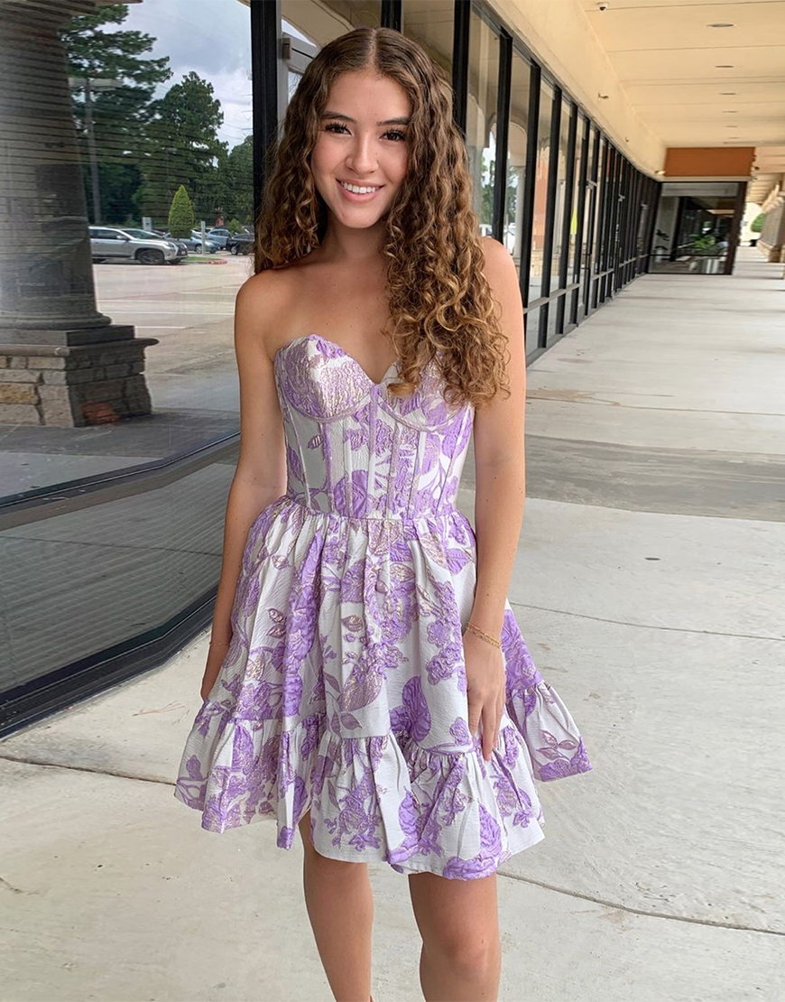 Blue A-Line Flowers Strapless Ruffled Homecoming Dress