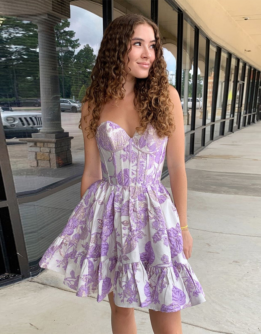 Blue A-Line Flowers Strapless Ruffled Homecoming Dress